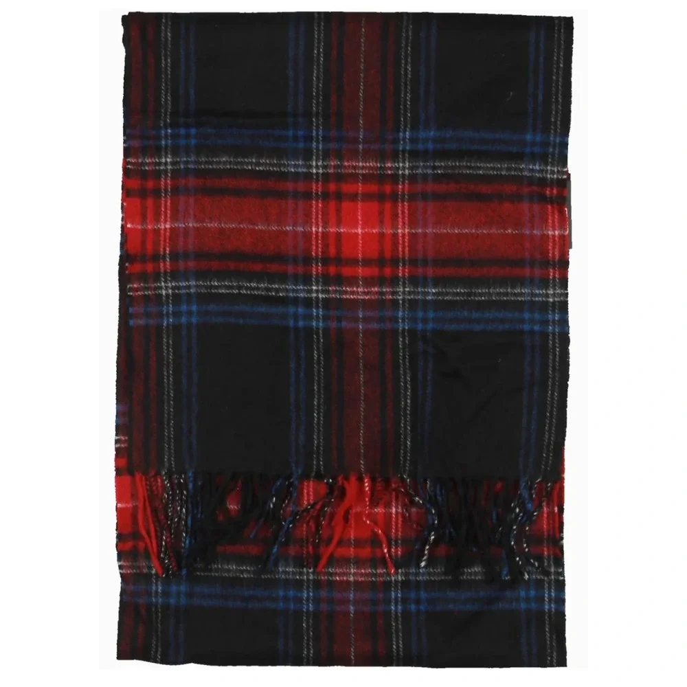 Club Room Mens Blue & Red 100% Cashmere Plaid Scarf Soft Warm Fringe 64 x 12 NWT